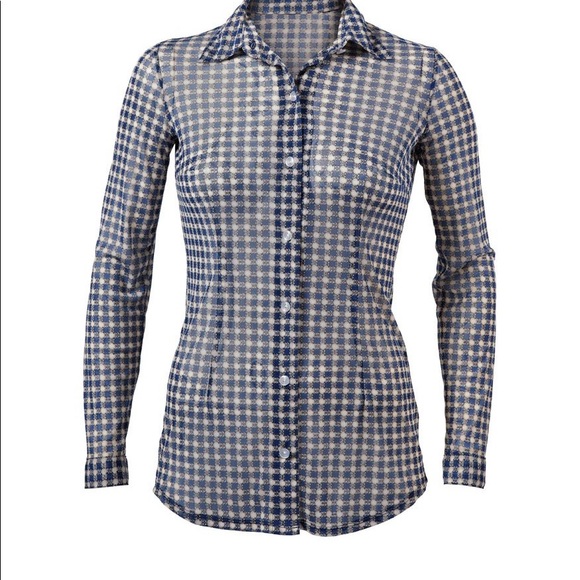 Cabi sheer navy check pattern button down shirt - Picture 6 of 16